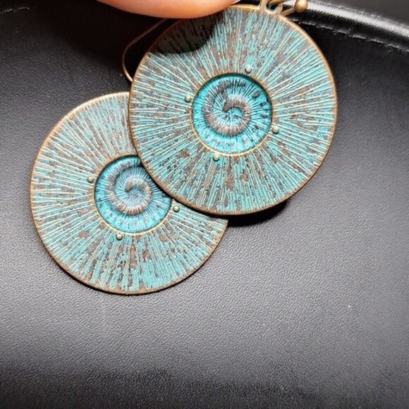 Round spiral Boho Bronze Earrings with Turquoise Accents beachy vibes - Picture 4 of 4
